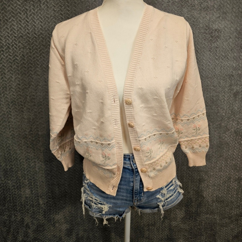 Cottagecore‎ Grandmacore Cotton Pointelle Floral Fair Isle Cardigan Rose Buttons